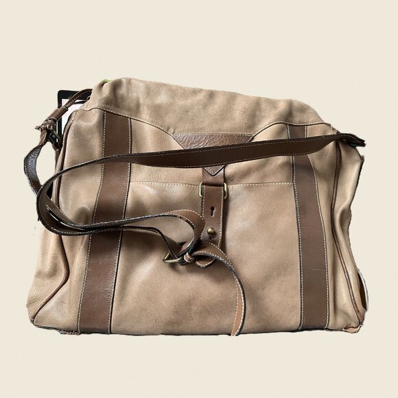 Italian Leather Shoulder Crossbody Bag 1990s –Two‑Tone Brown – Drawstring Buckle - Picture 2 of 8